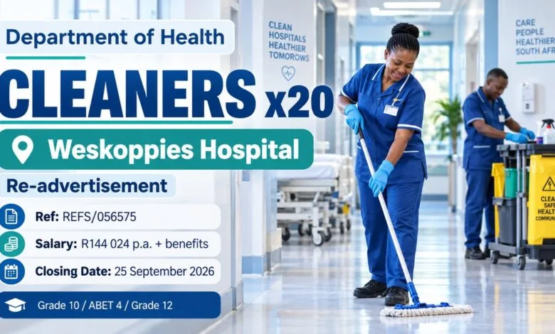 Department of Health Cleaner Vacancies x20 at Weskoppies Hospital: Grade 10 / ABET Level 4
