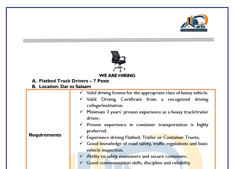 Flatbed Truck Drivers Jobs in Dar es Salaam 2026 – 7 Posts