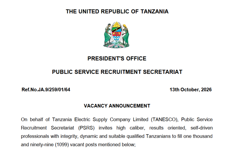 1,099 Job Vacancies at TANESCO – October 2026