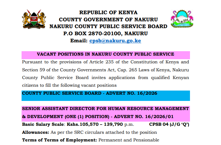Nakuru County Public Service Board Clerical Officer II Jobs 2026