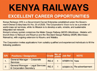 Kenya Railways Vacancies 2026: General Manager – Corporate Services and General Manager – Legal Services